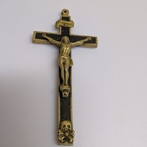 Antique Crucifix With Crossbones Skull Black And Gold 4"